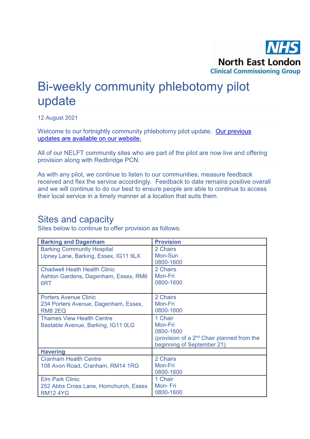 Bi-Weekly Community Phlebotomy Pilot Update