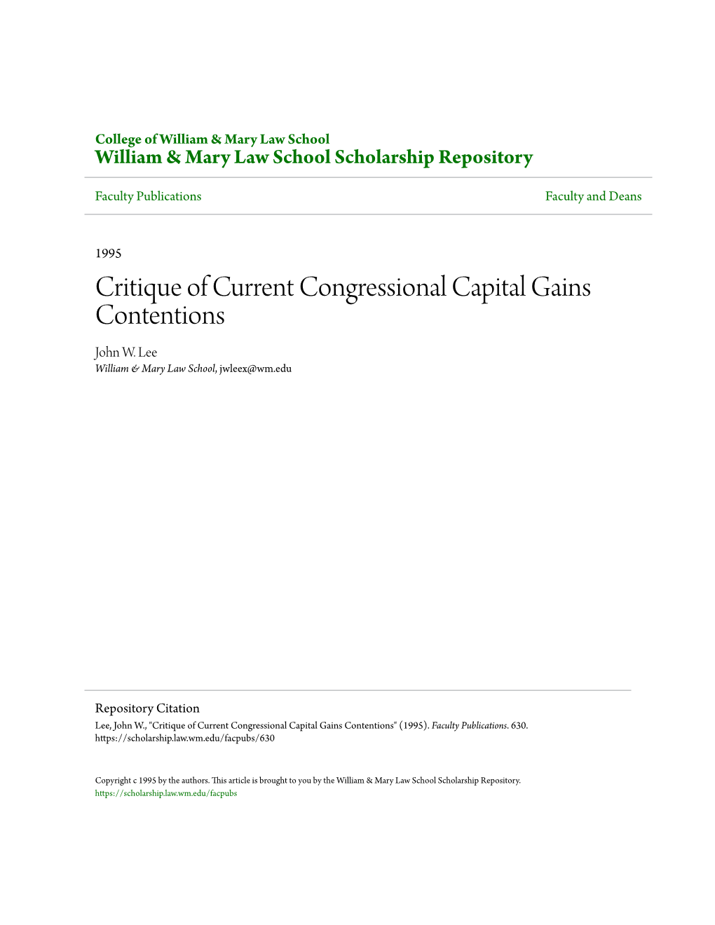 Critique of Current Congressional Capital Gains Contentions John W