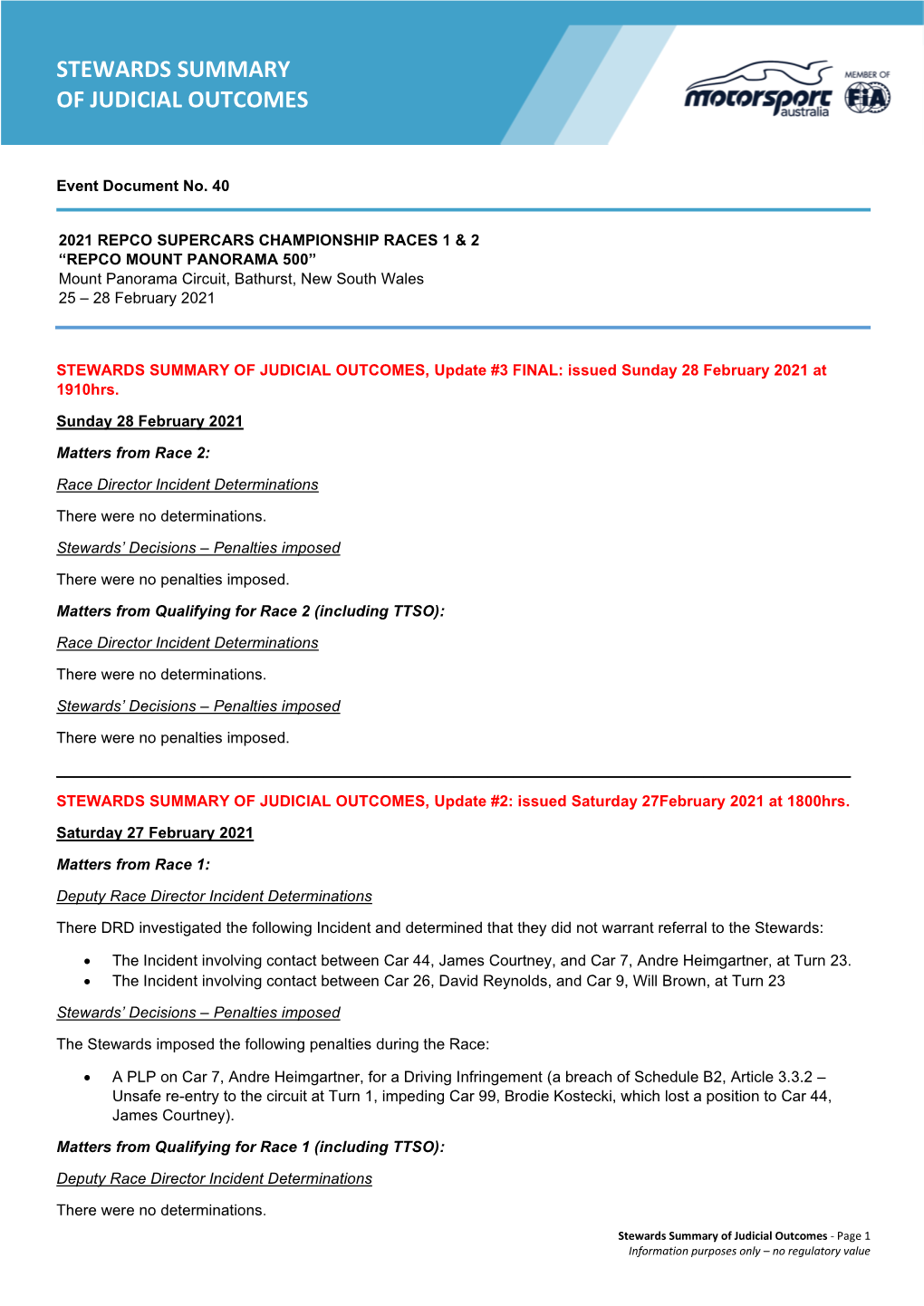 Stewards Summary of Judicial Outcomes