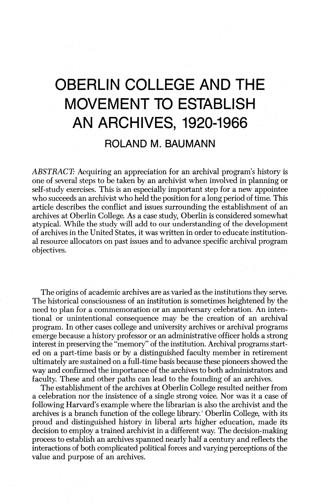 Oberlin College and the Movement to Establish an Archives, 1920-1966 Roland M