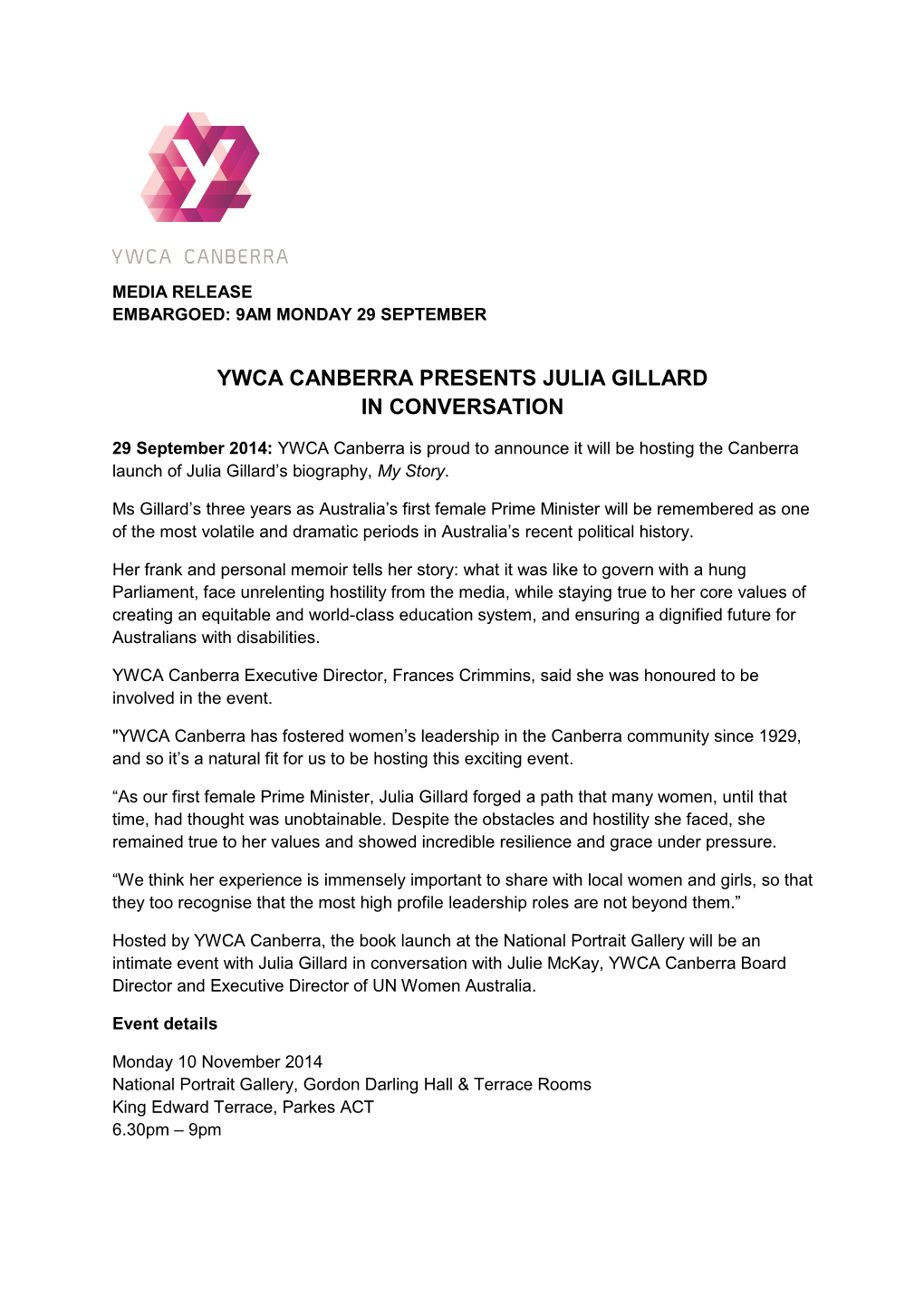 Ywca Canberra Presents Julia Gillard in Conversation