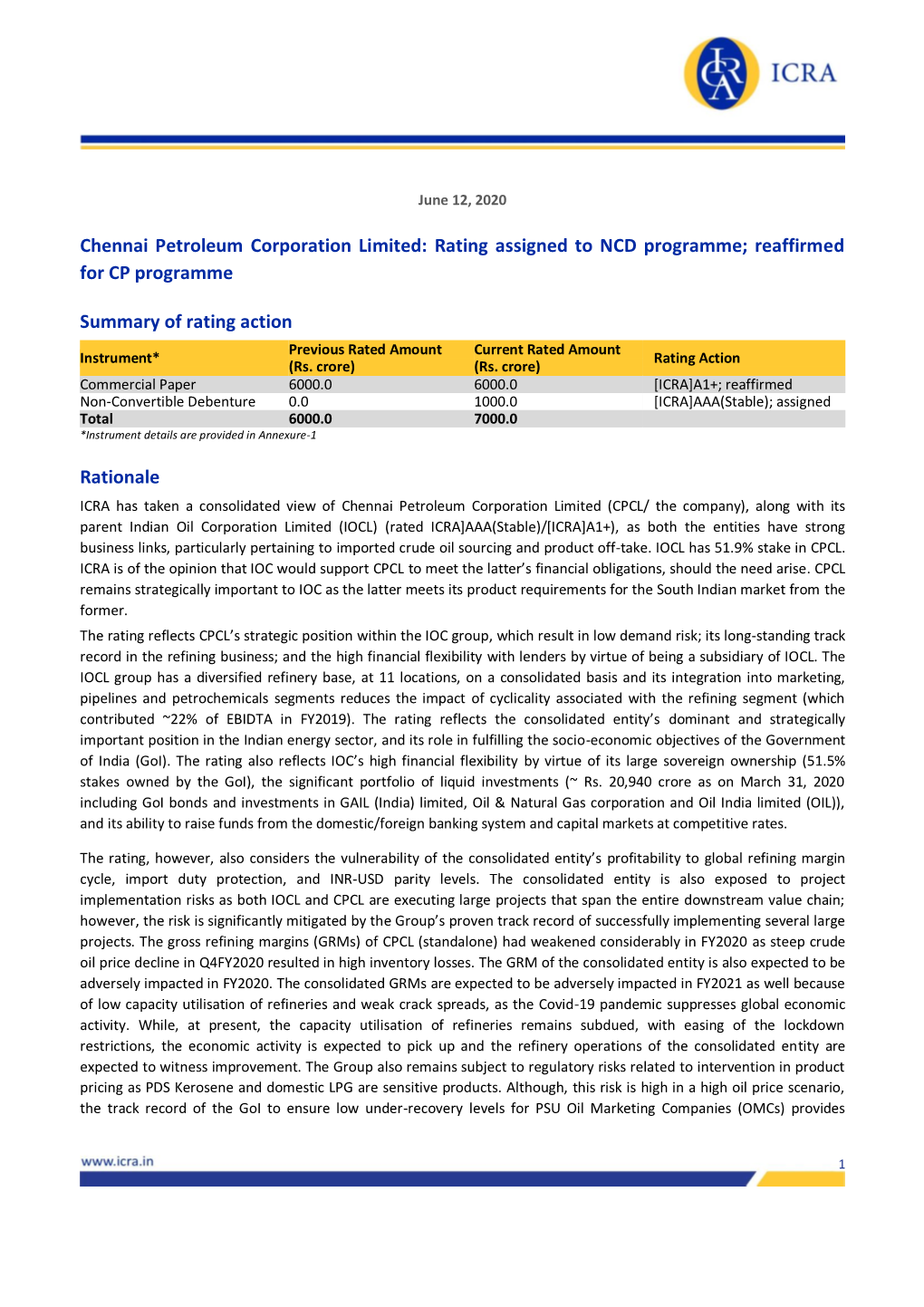 Chennai Petroleum Corporation Limited: Rating Assigned to NCD Programme; Reaffirmed for CP Programme