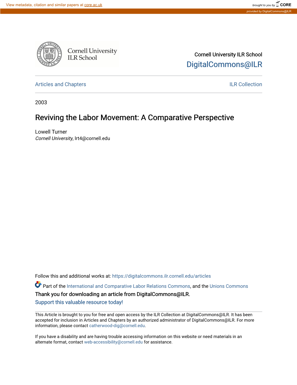 Reviving the Labor Movement: a Comparative Perspective