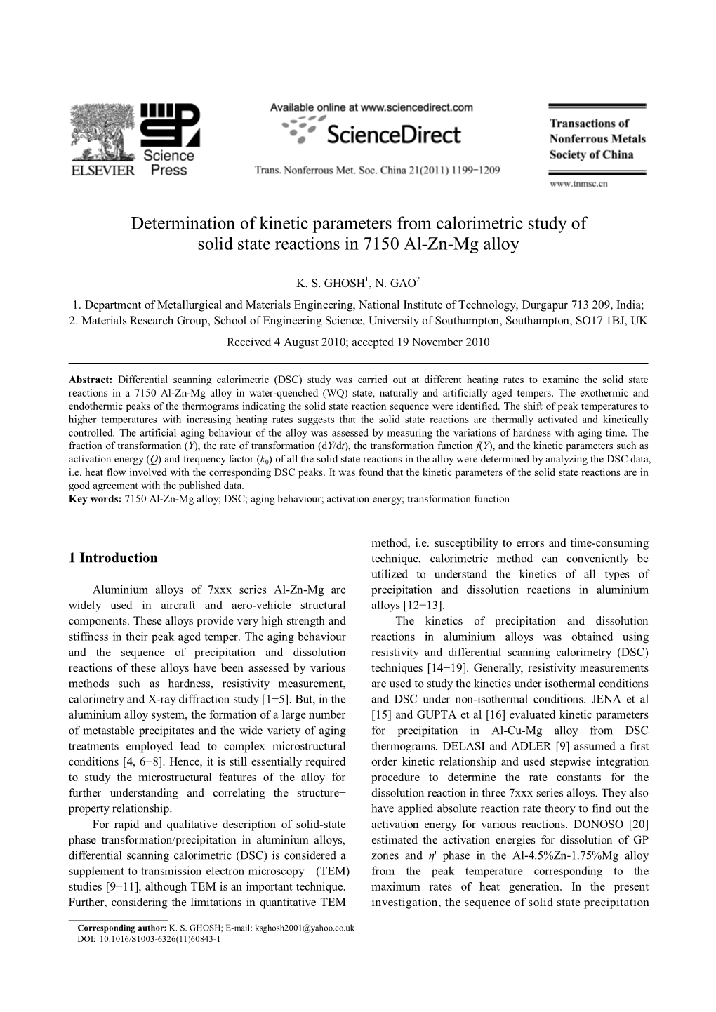 Determination of Kinetic Parameters from Calorimetric Study of Solid State Reactions in 7150 Al­Zn­Mg Alloy