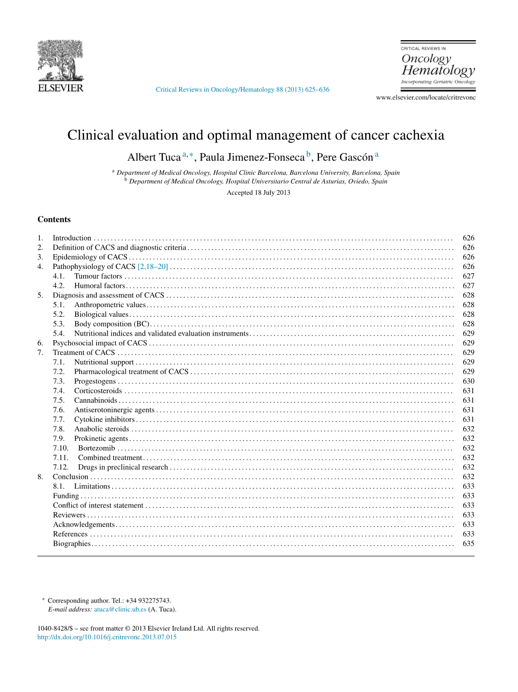 Clinical Evaluation and Optimal Management of Cancer Cachexia