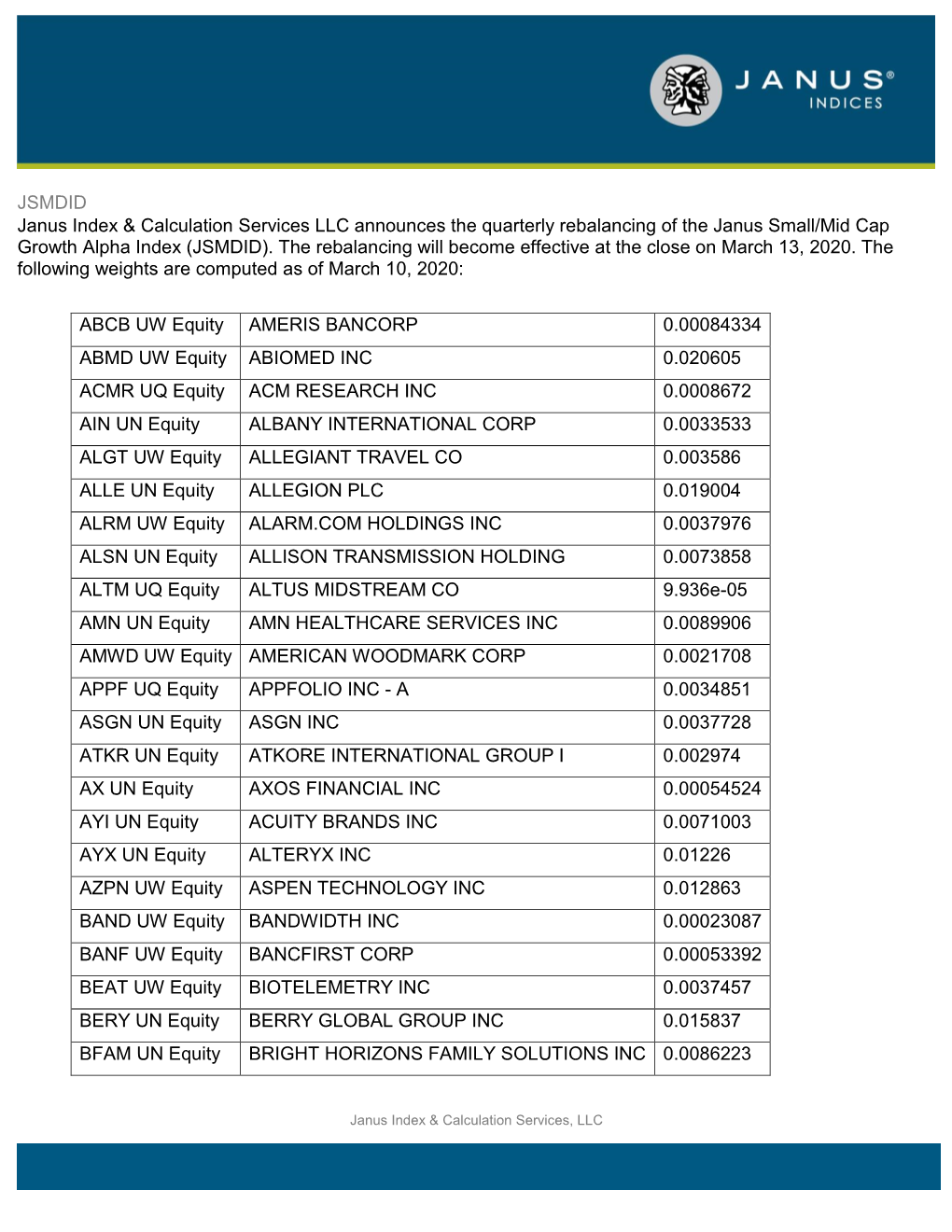 JSMDID Janus Index & Calculation Services LLC