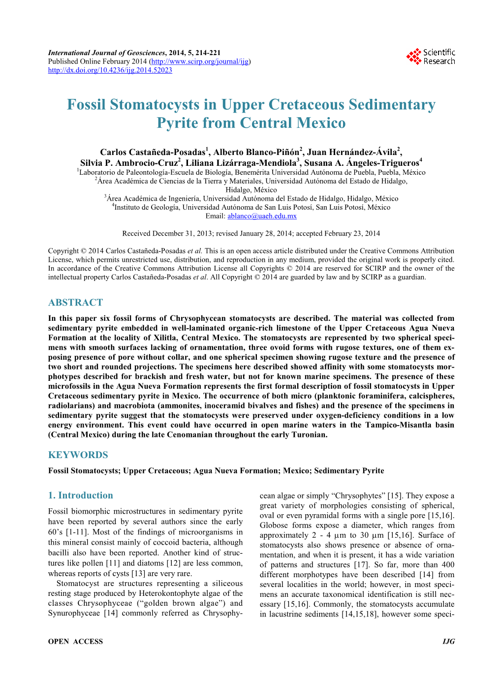 Fossil Stomatocysts in Upper Cretaceous Sedimentary Pyrite from Central Mexico