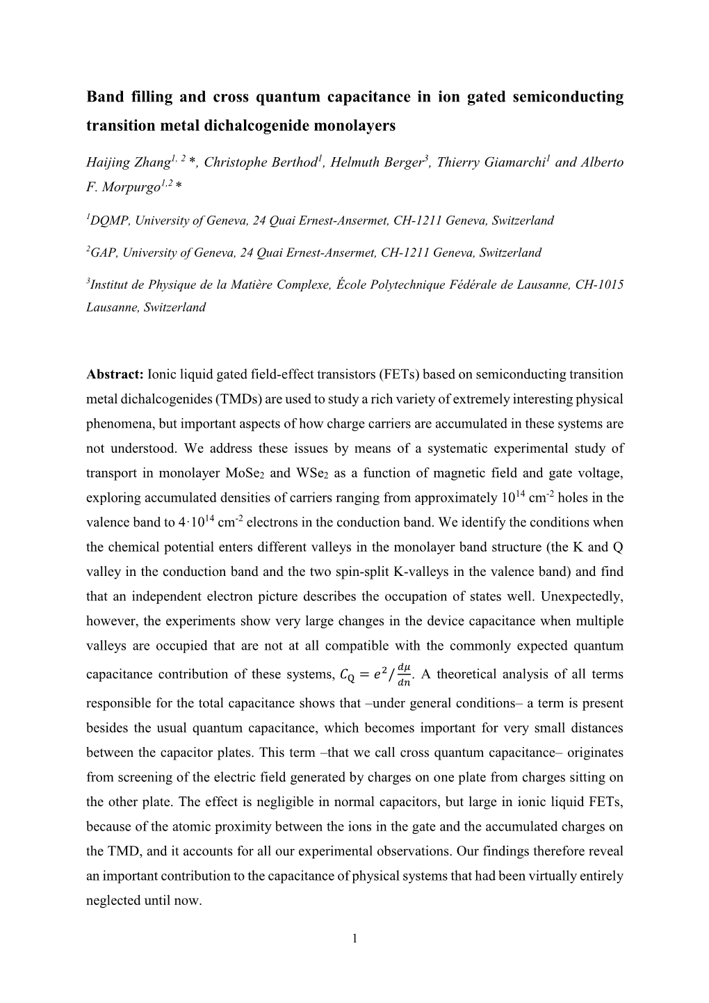 Band Filling and Cross Quantum Capacitance in Ion Gated Semiconducting Transition Metal Dichalcogenide Monolayers