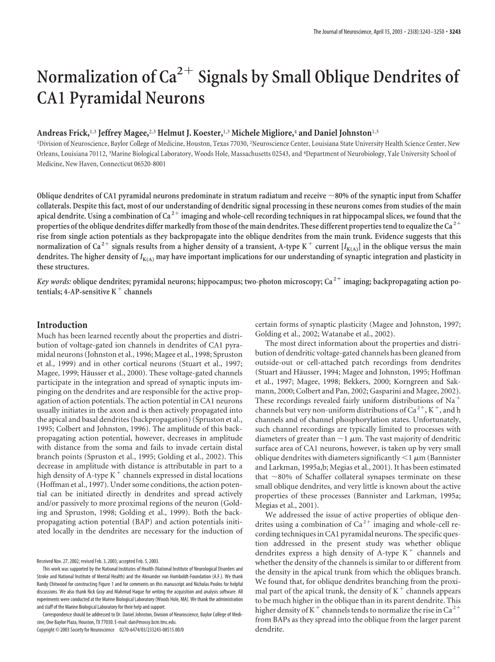 Normalization of Ca2 Signals by Small Oblique Dendrites of CA1 Pyramidal Neurons
