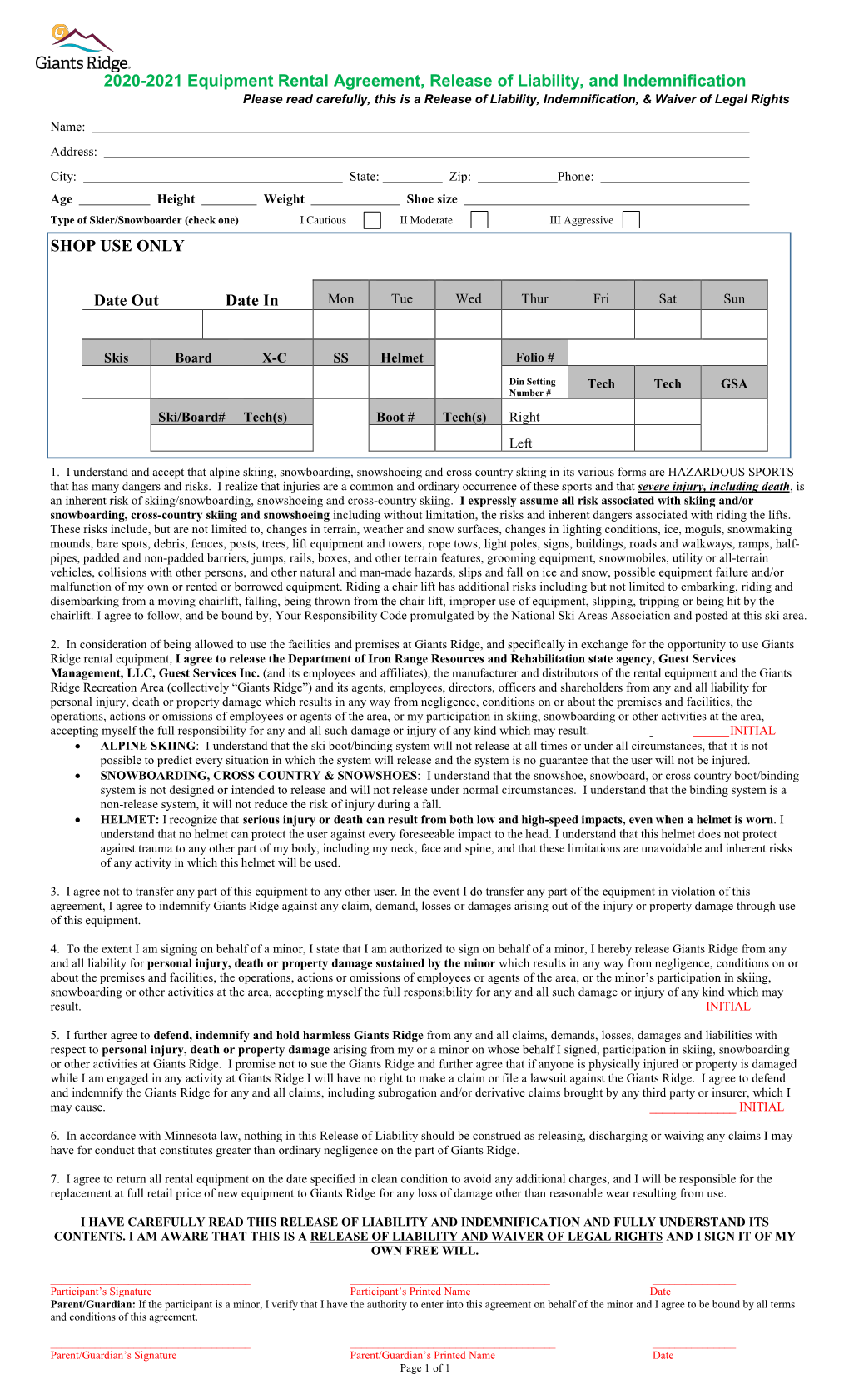 2020-2021 Equipment Rental Agreement, Release