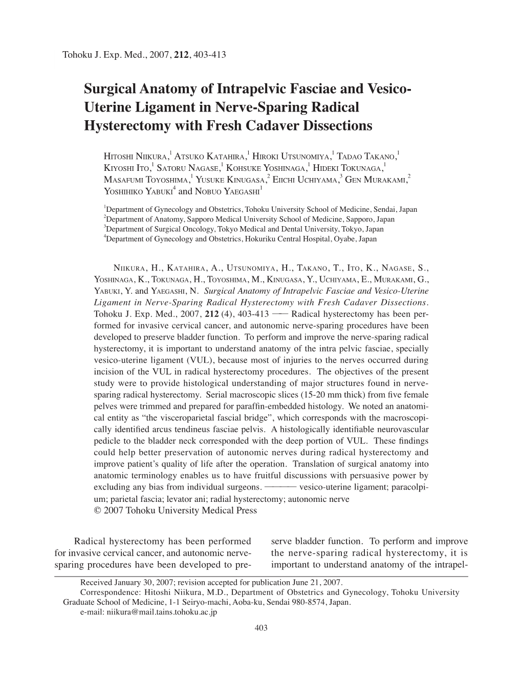 Surgical Anatomy of Intrapelvic Fasciae and Vesico- Uterine Ligament in Nerve-Sparing Radical Hysterectomy with Fresh Cadaver Dissections