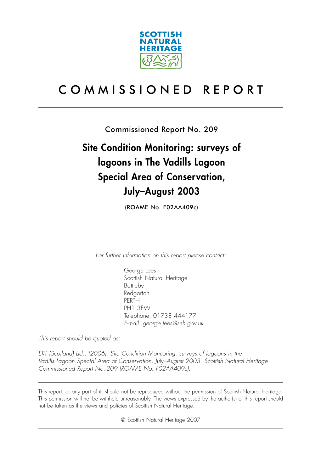 Report No. 209 Site Condition Monitoring: Surveys of Lagoons In