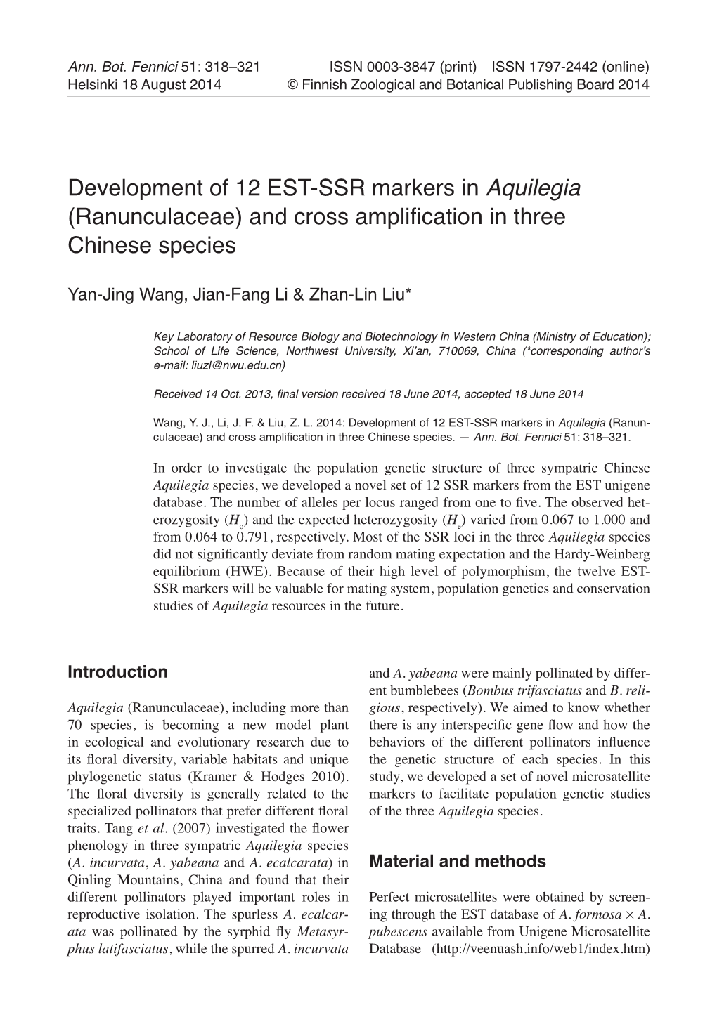 Development of 12 EST-SSR Markers in Aquilegia (Ranunculaceae) and Cross Amplification in Three Chinese Species