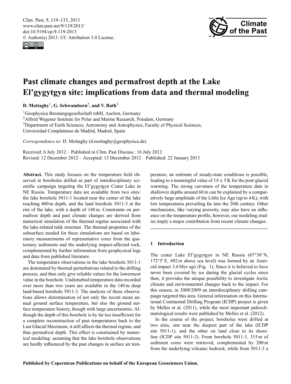 Past Climate Changes and Permafrost Depth at the Lake El'gygytgyn Site: Implications from Data and Thermal Modeling