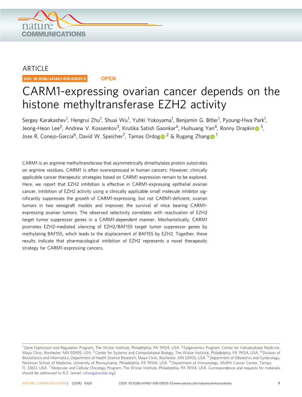 CARM1-Expressing Ovarian Cancer Depends on the Histone Methyltransferase EZH2 Activity