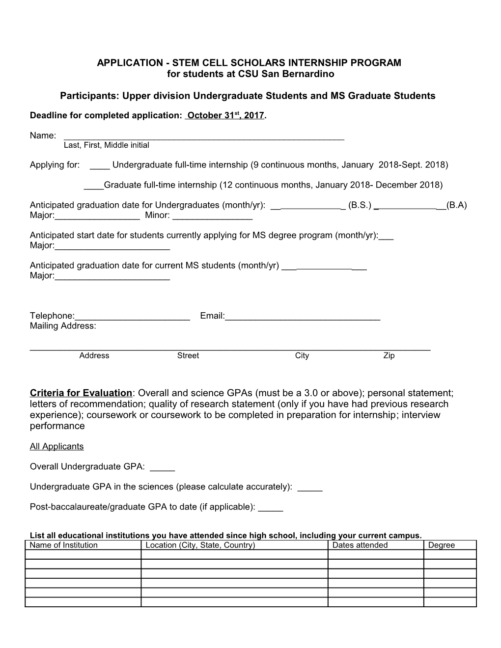 Application - Stem Cell Scholars Internship Program