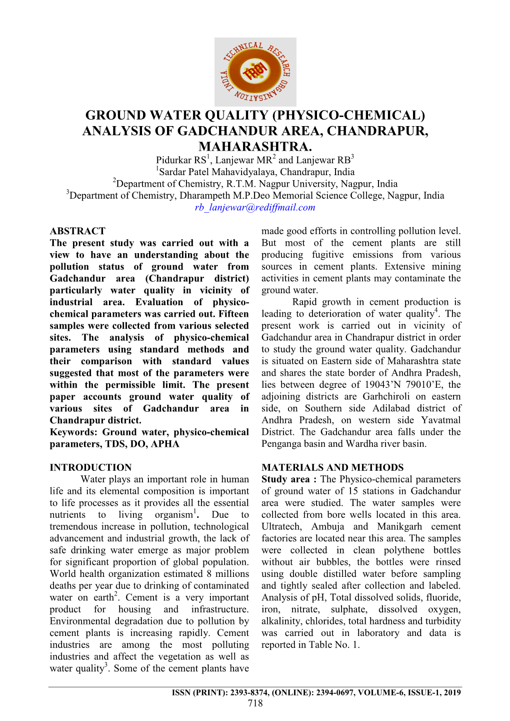 Quality Assessment of Borewell Water: a Case Study of Gadchandur Area In