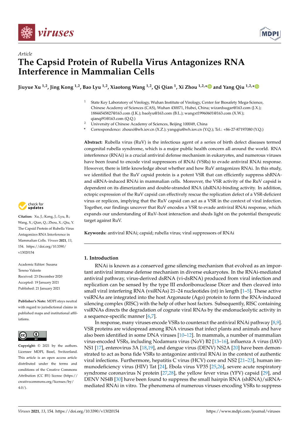 The Capsid Protein of Rubella Virus Antagonizes RNA Interference in Mammalian Cells