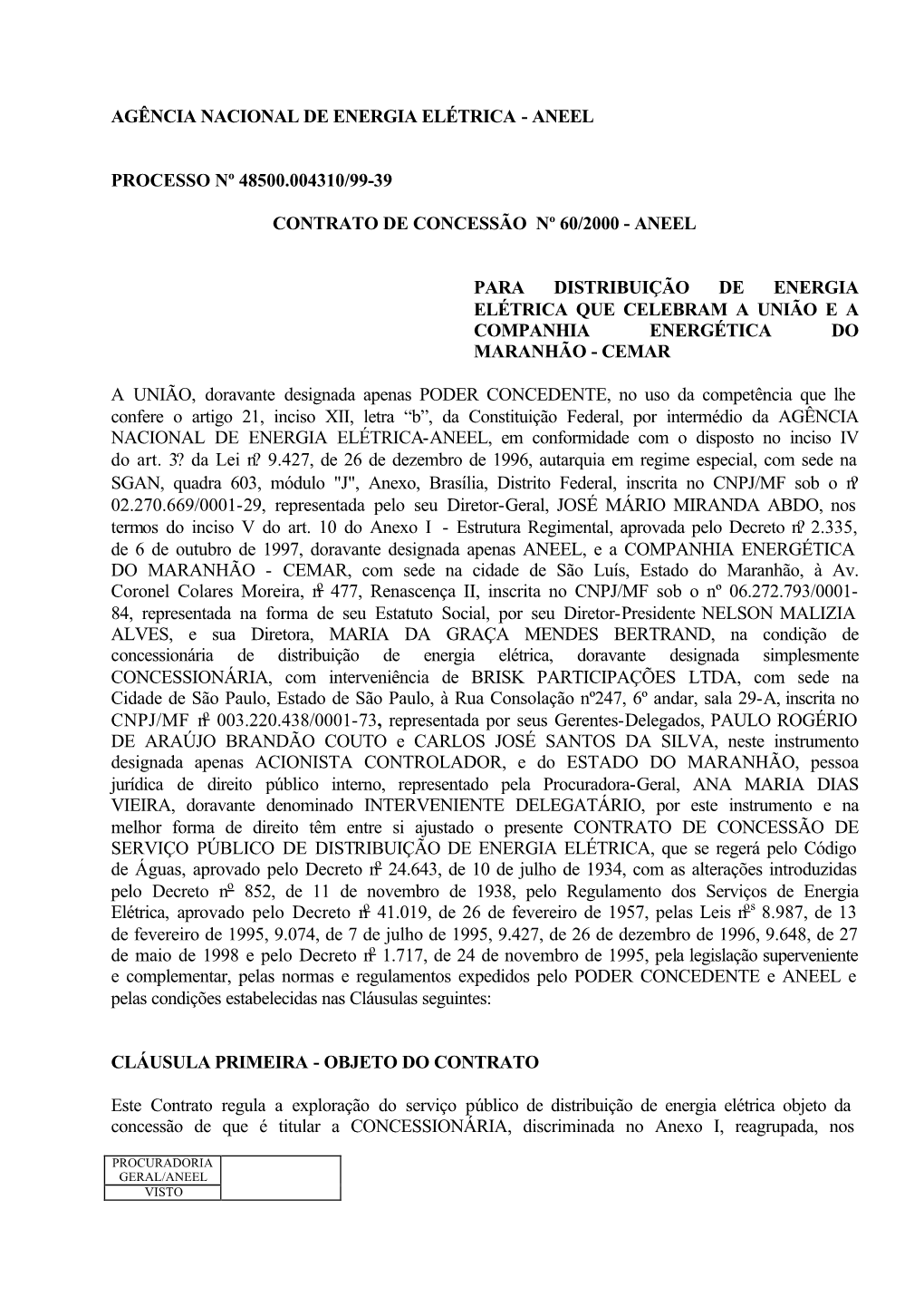 Contrato De Concessão Nº 60/2000 - Aneel