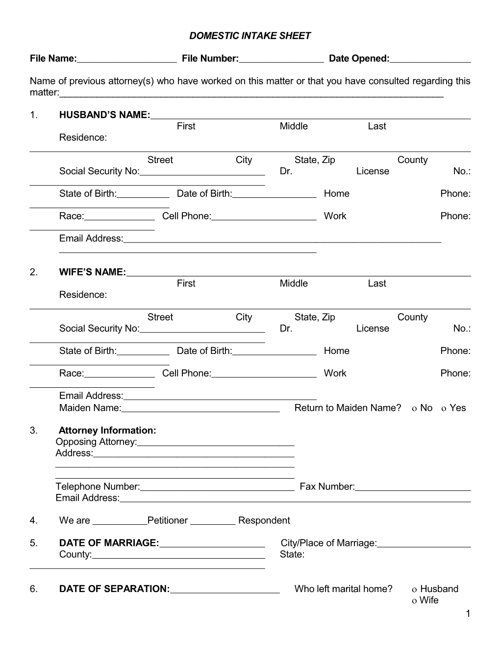 Domestic Intake Sheet