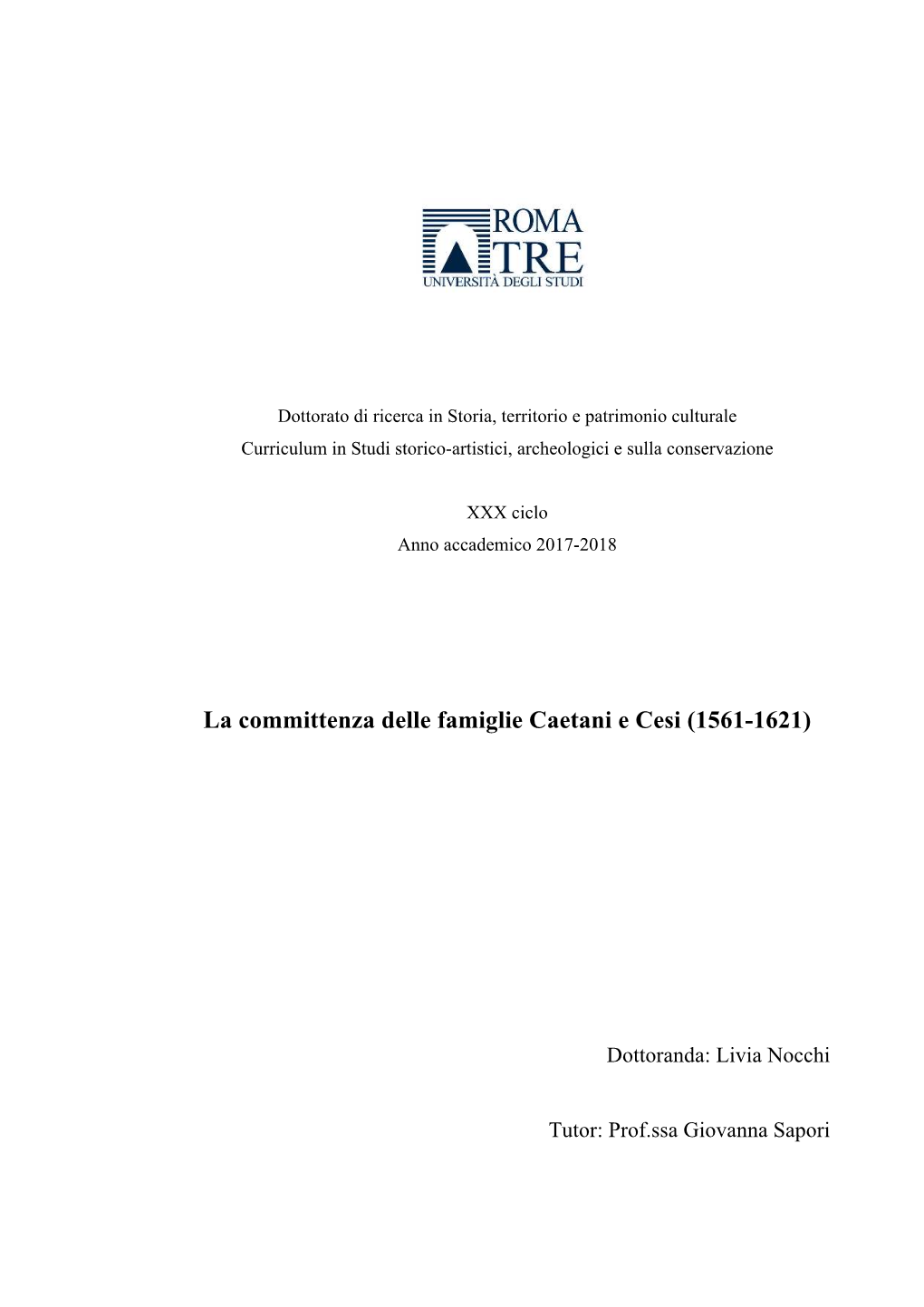 La Committenza Delle Famiglie Caetani E Cesi (1561-1621)