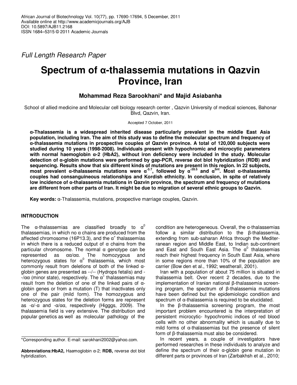 Spectrum of Α-Thalassemia Mutations in Qazvin Province, Iran