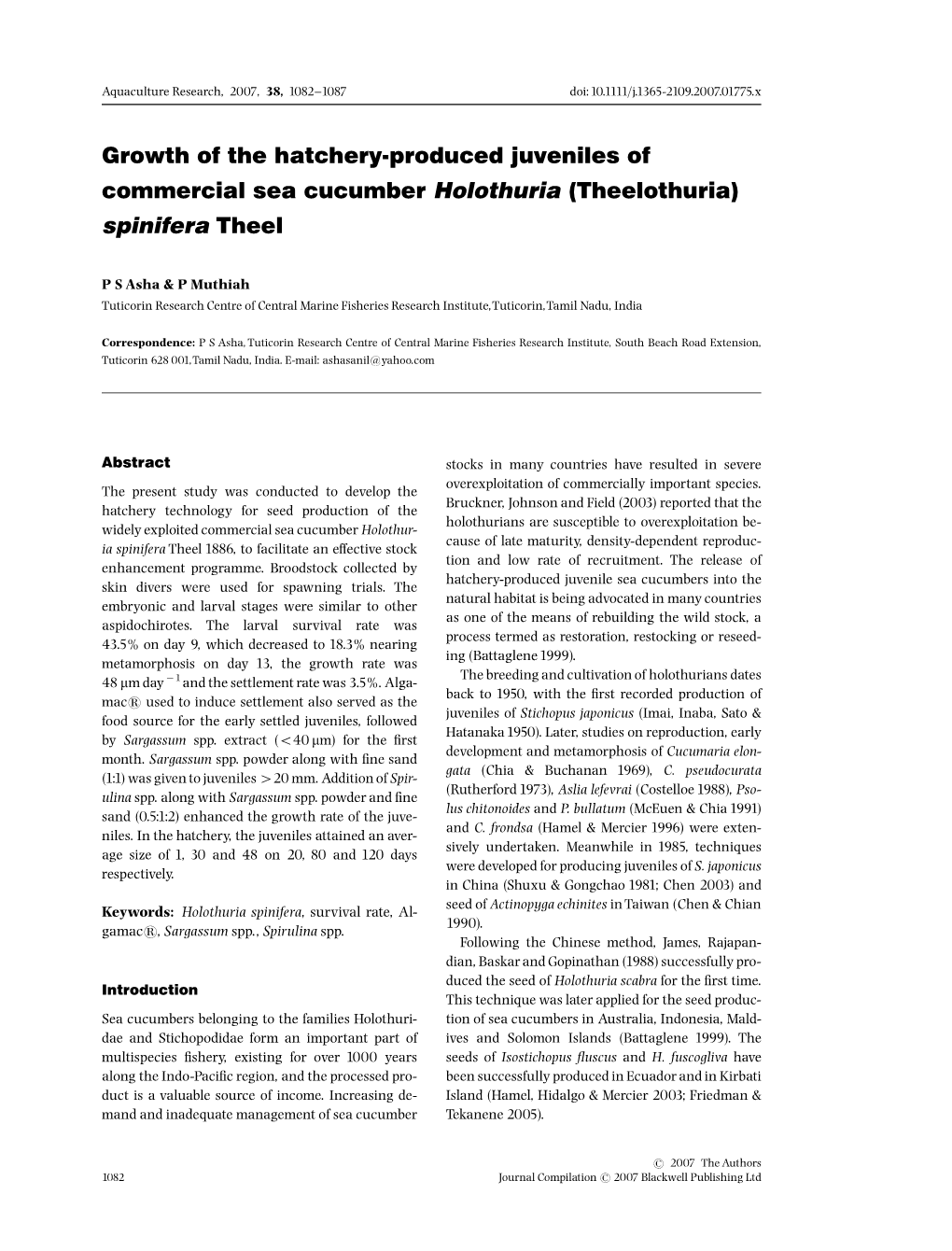 Growth of the Hatchery-Produced Juveniles of Commercial Sea Cucumber Holothuria (Theelothuria) Spinifera Theel