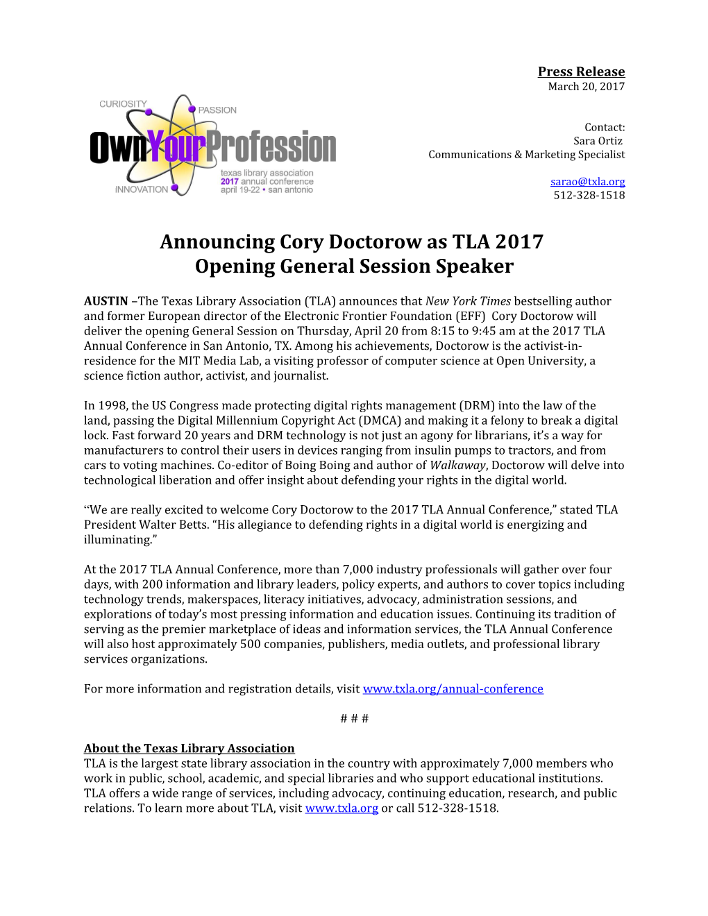Announcing Cory Doctorow As TLA 2017 Opening General Session Speaker