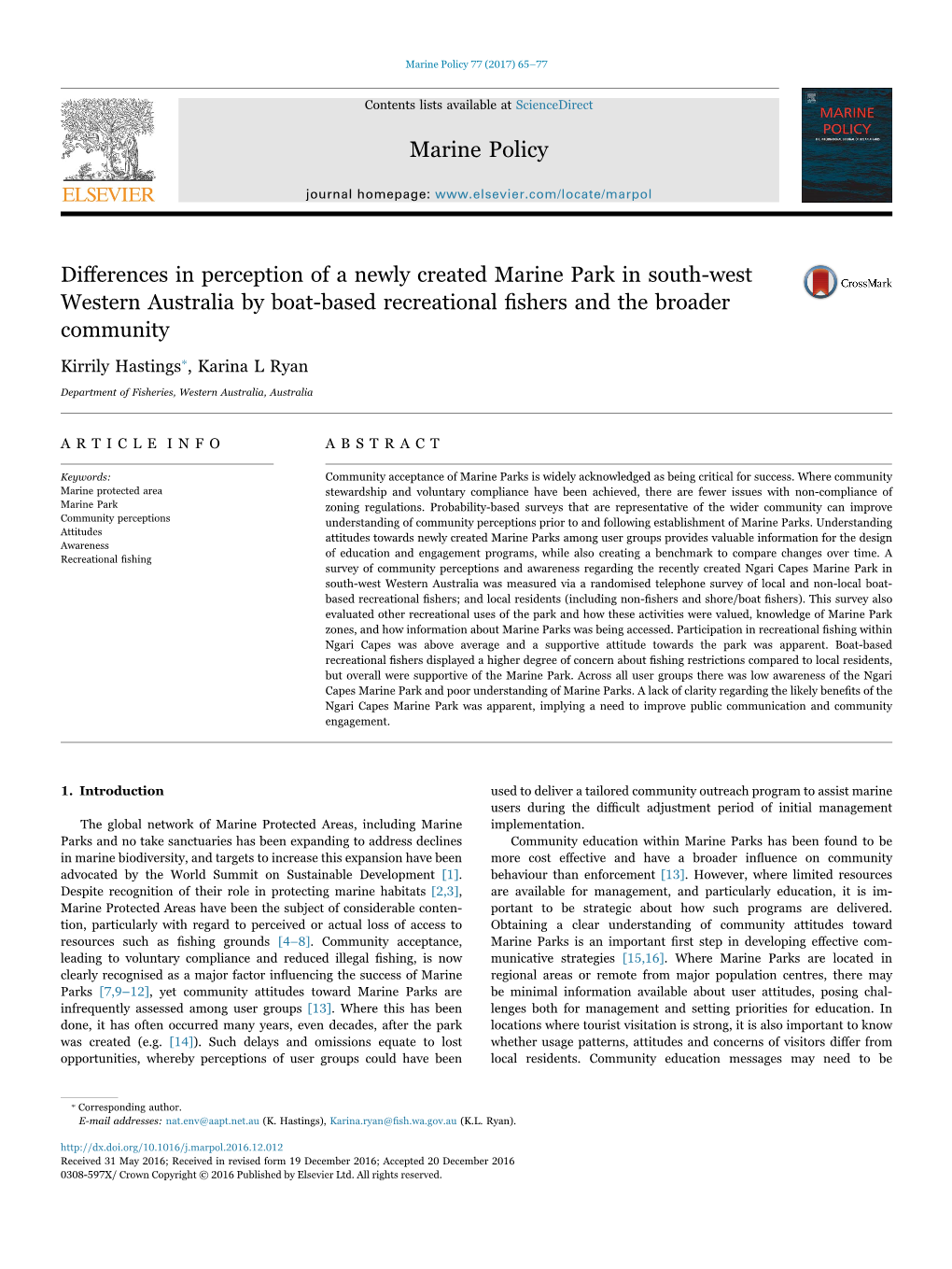 Differences in Perception of a Newly Created Marine Park in South-West