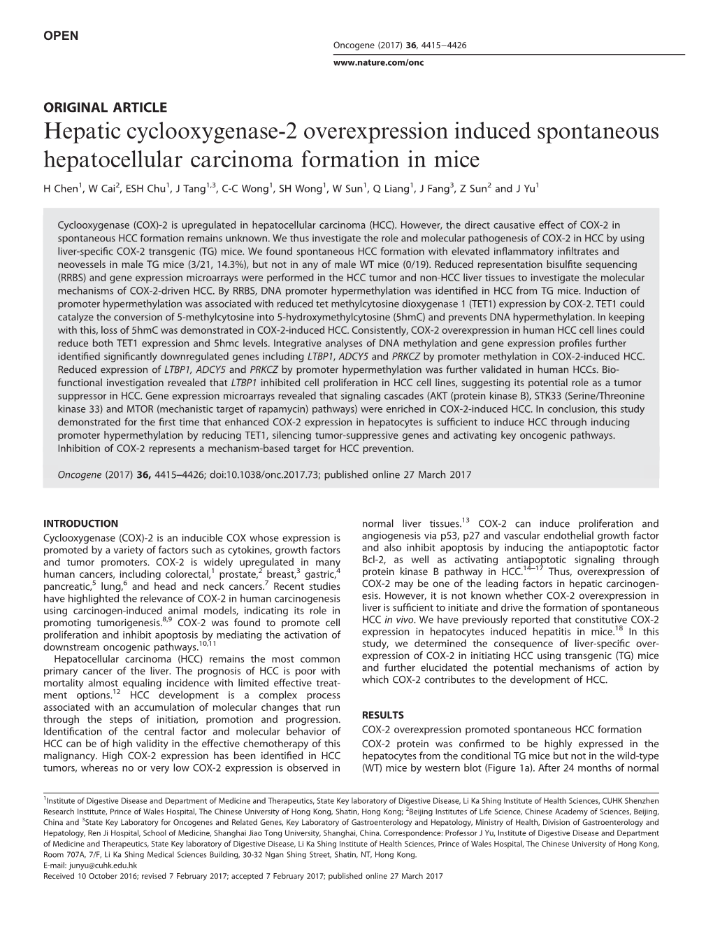 Hepatic Cyclooxygenase-2 Overexpression Induced Spontaneous Hepatocellular Carcinoma Formation in Mice