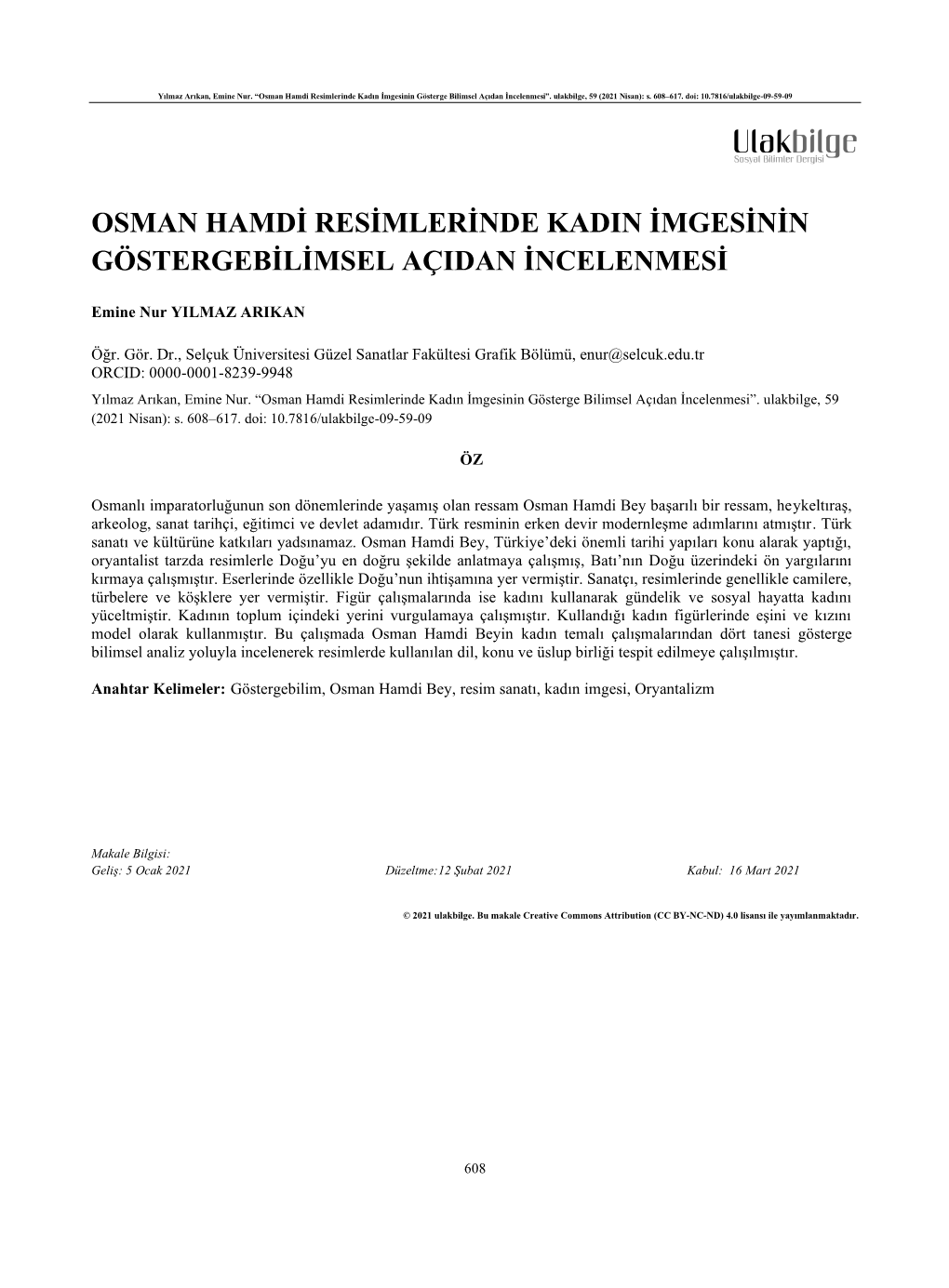 Osman Hamdi Resimlerinde Kadın İmgesinin Gösterge Bilimsel Açıdan İncelenmesi”