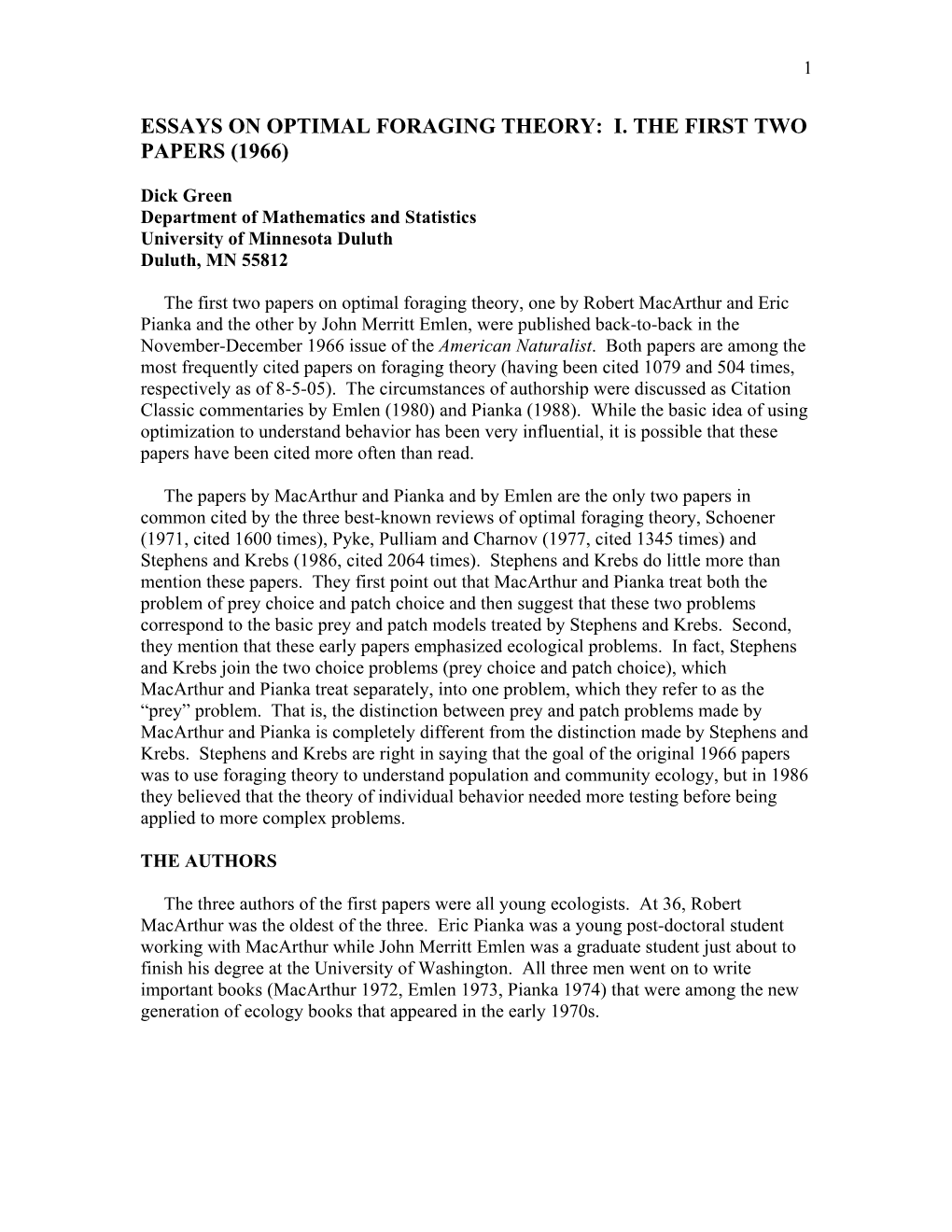 Essays on Optimal Foraging Theory: I. the First Two Papers (1966)