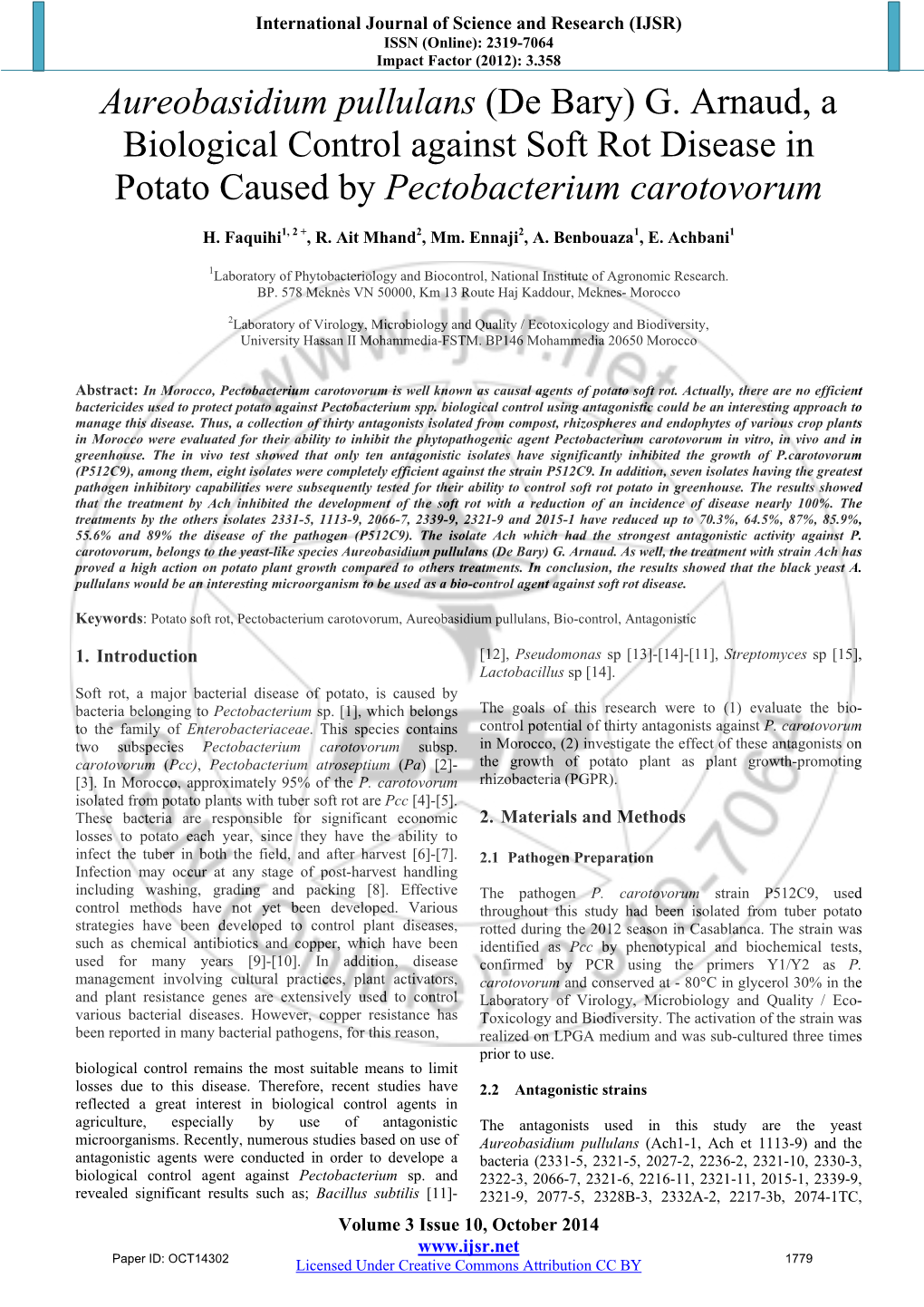 G. Arnaud, a Biological Control Against Soft Rot Disease in Potato Caused by Pectobacterium Carotovorum