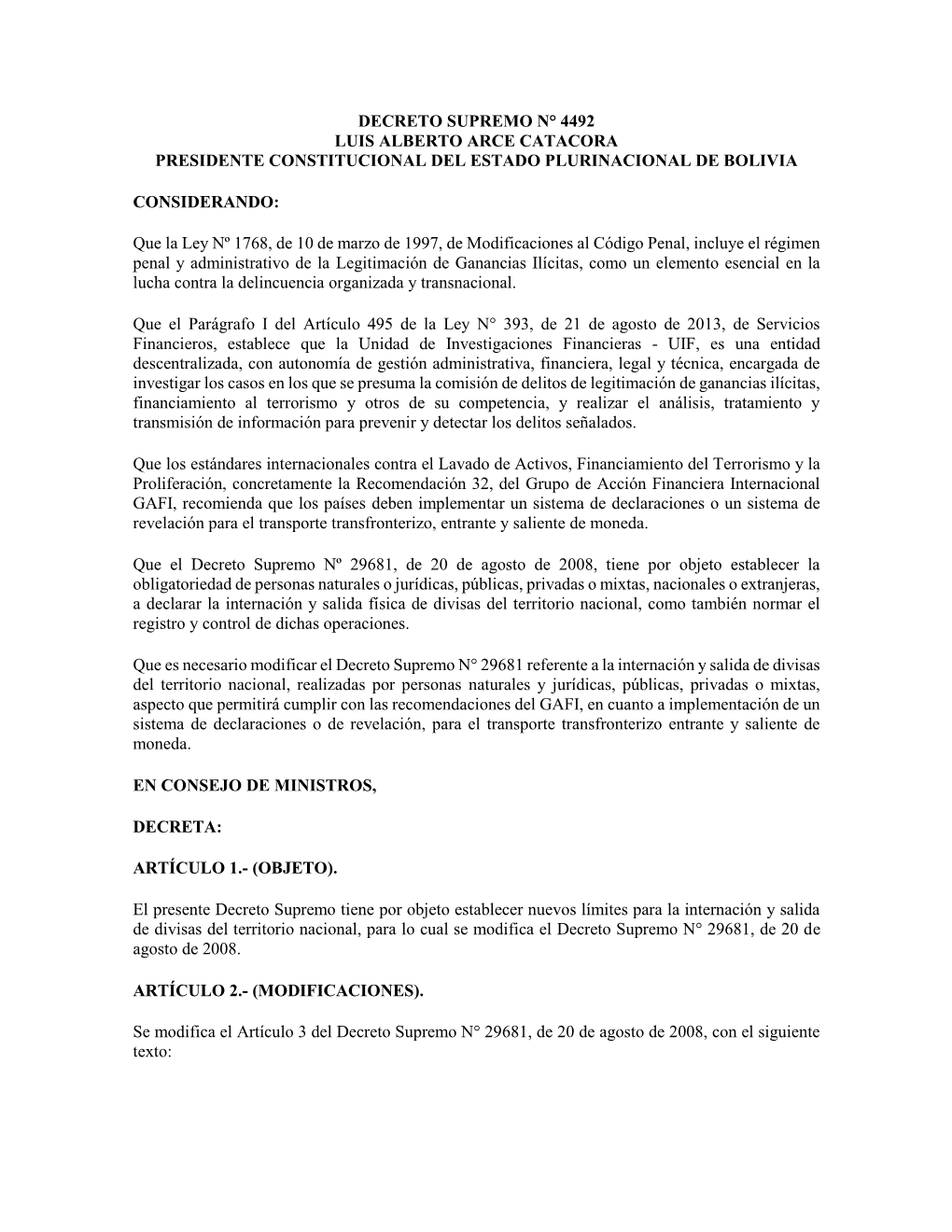 Decreto Supremo N° 4492 Luis Alberto Arce Catacora Presidente Constitucional Del Estado Plurinacional De Bolivia