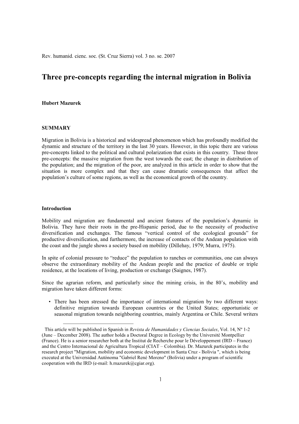 Three Pre-Concepts Regarding the Internal Migration in Bolivia