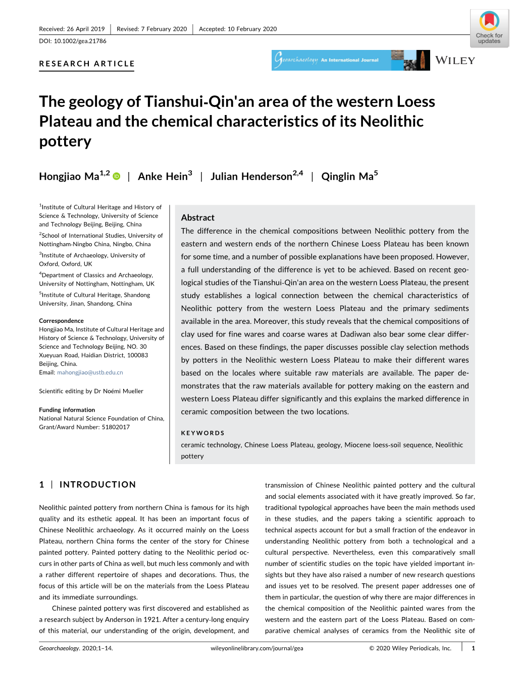 The Geology of Tianshui‐Qin'an Area of the Western Loess Plateau and the Chemical Characteristics of Its Neolithic Pottery