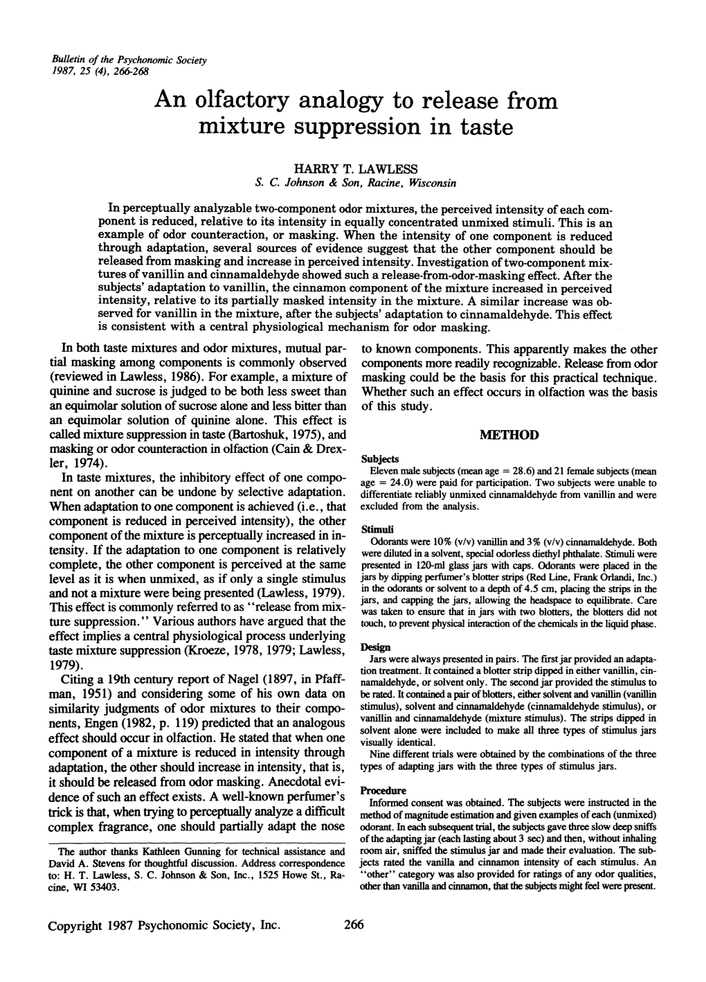 An Olfactory Analogy to Release from Mixture Suppression in Taste