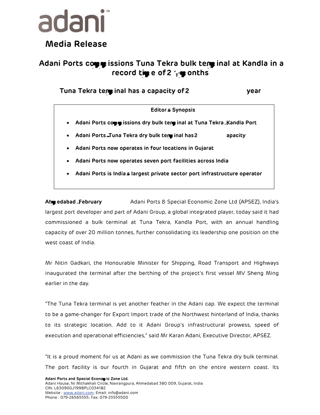 Media Release Adani Ports Commissions Tuna Tekra Bulk