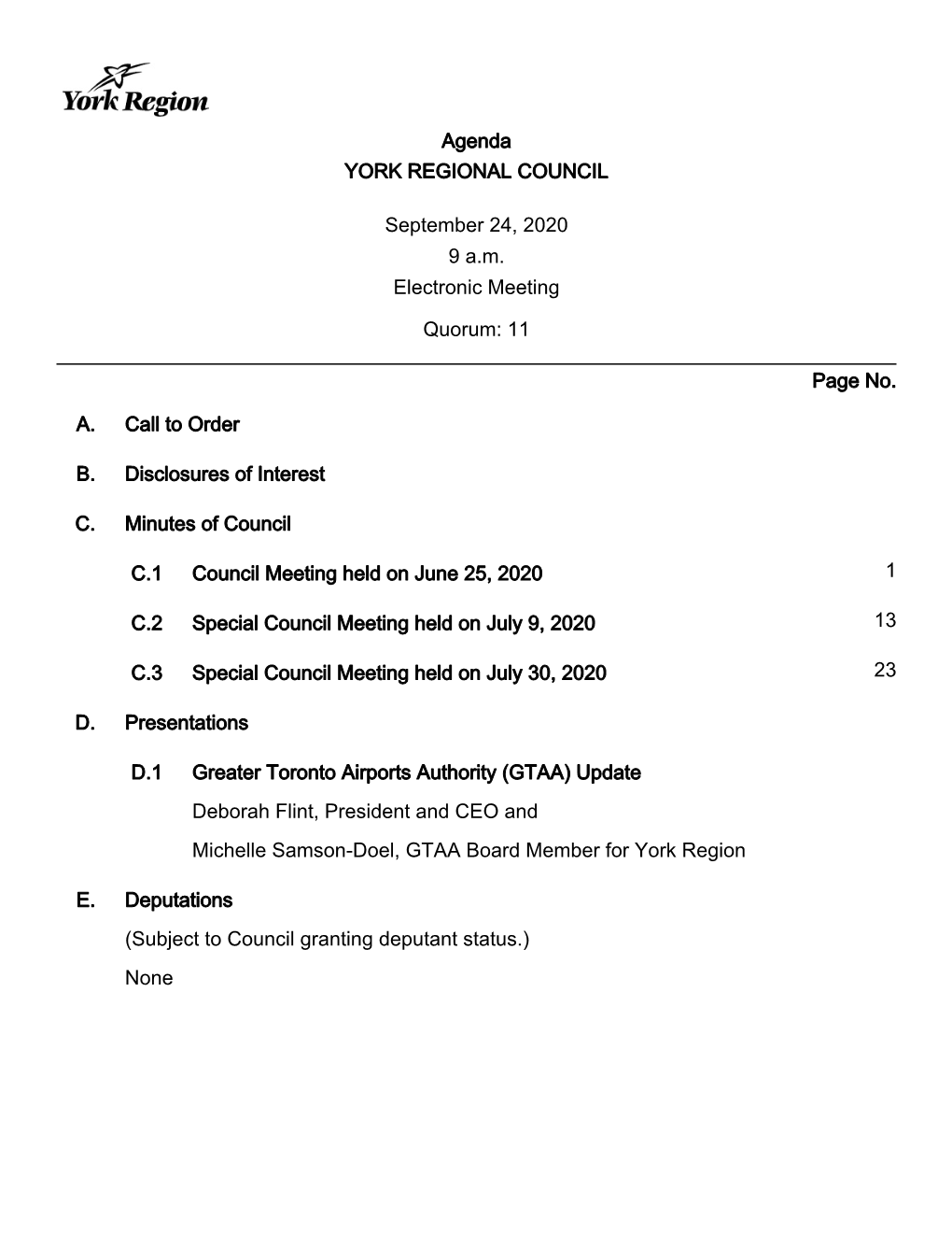 Agenda YORK REGIONAL COUNCIL September 24, 2020 9 A.M