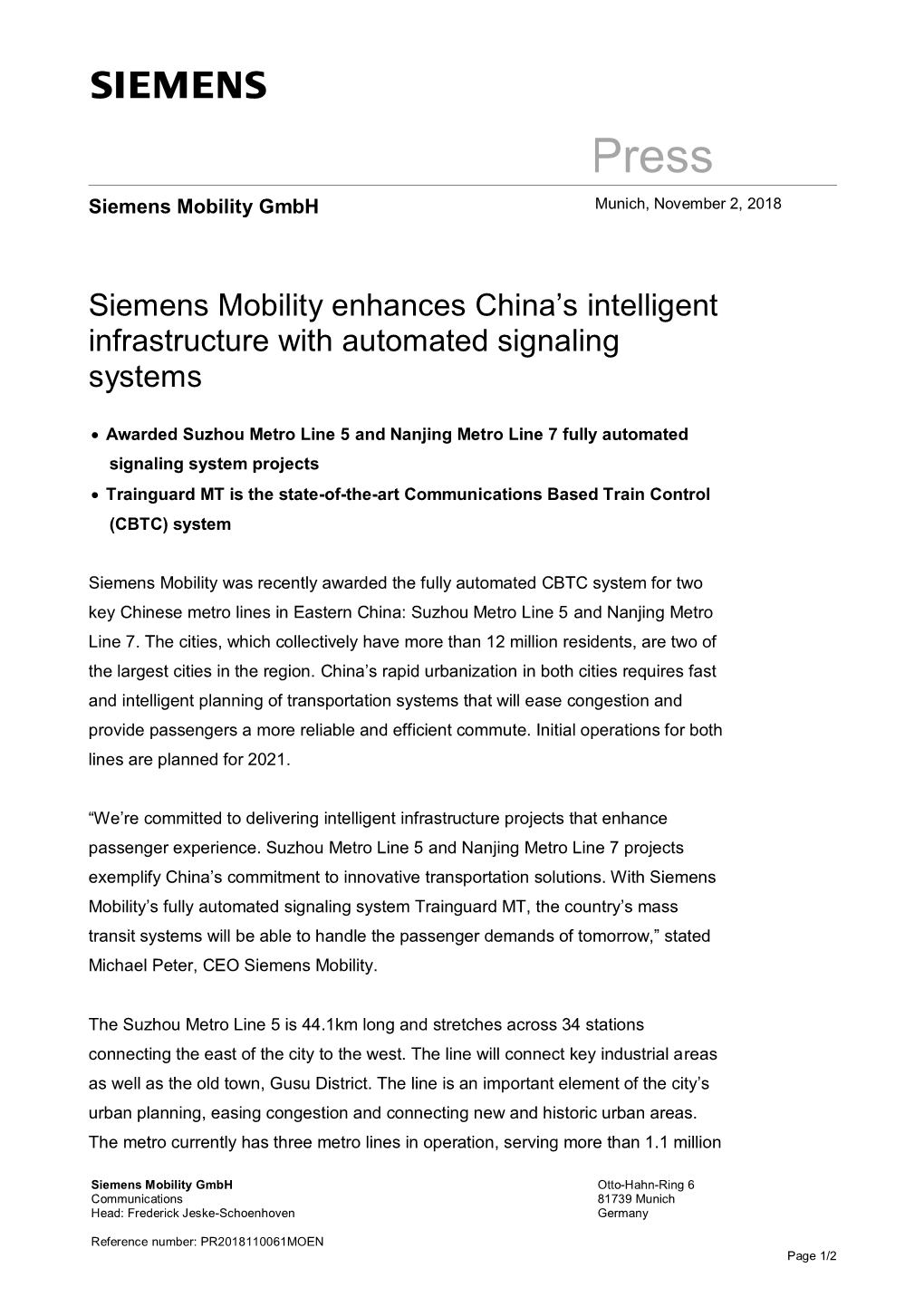 Siemens Mobility Enhances China's Intelligent Infrastructure With