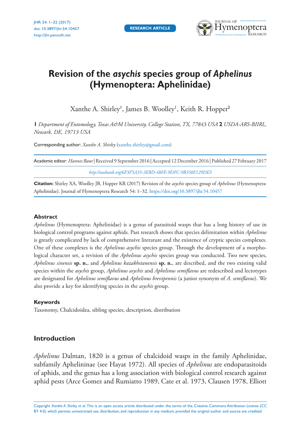 Revision of the Asychis Species Group of Aphelinus (Hymenoptera: Aphelinidae)