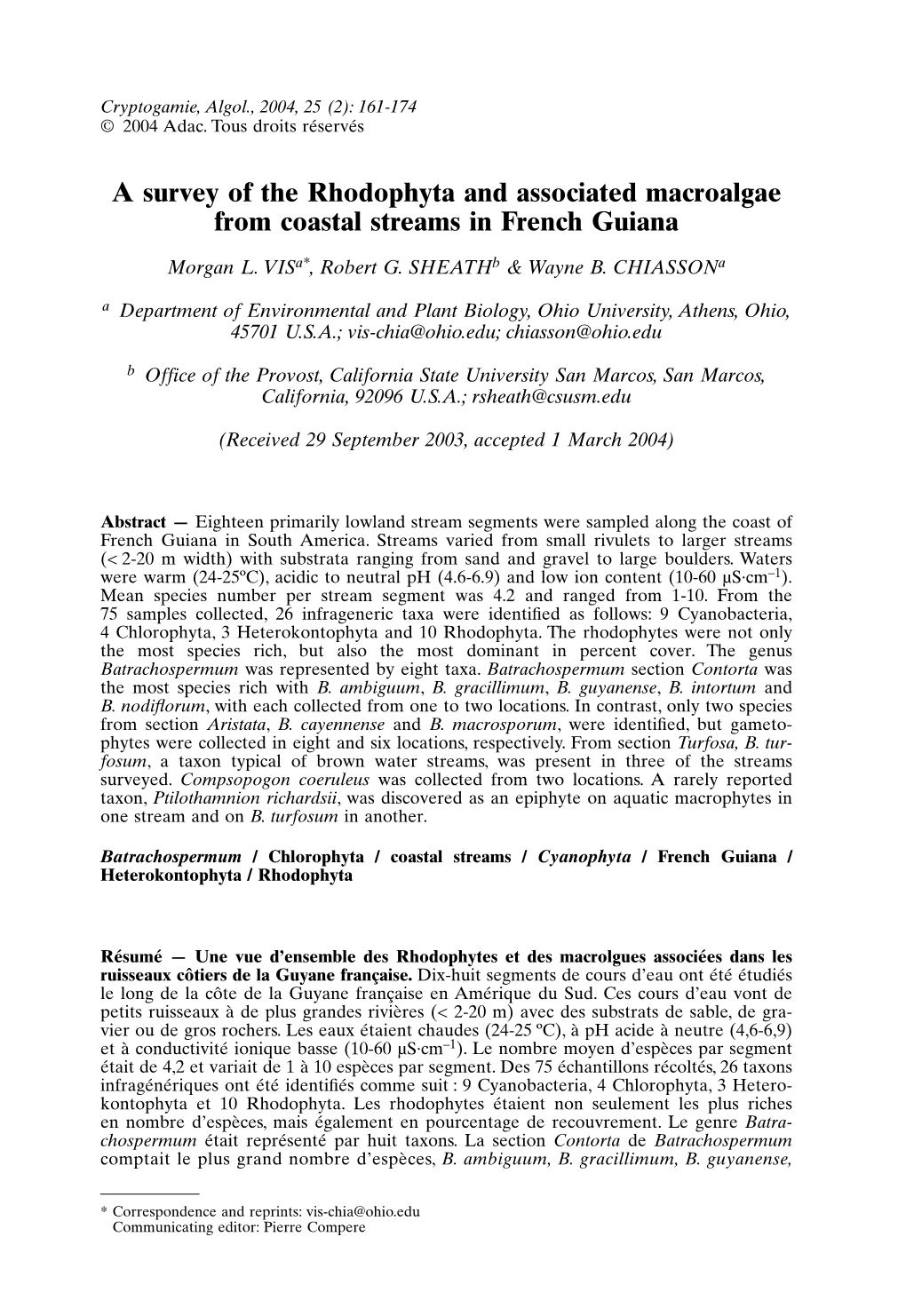 A Survey of the Rhodophyta and Associated Macroalgae from Coastal Streams in French Guiana