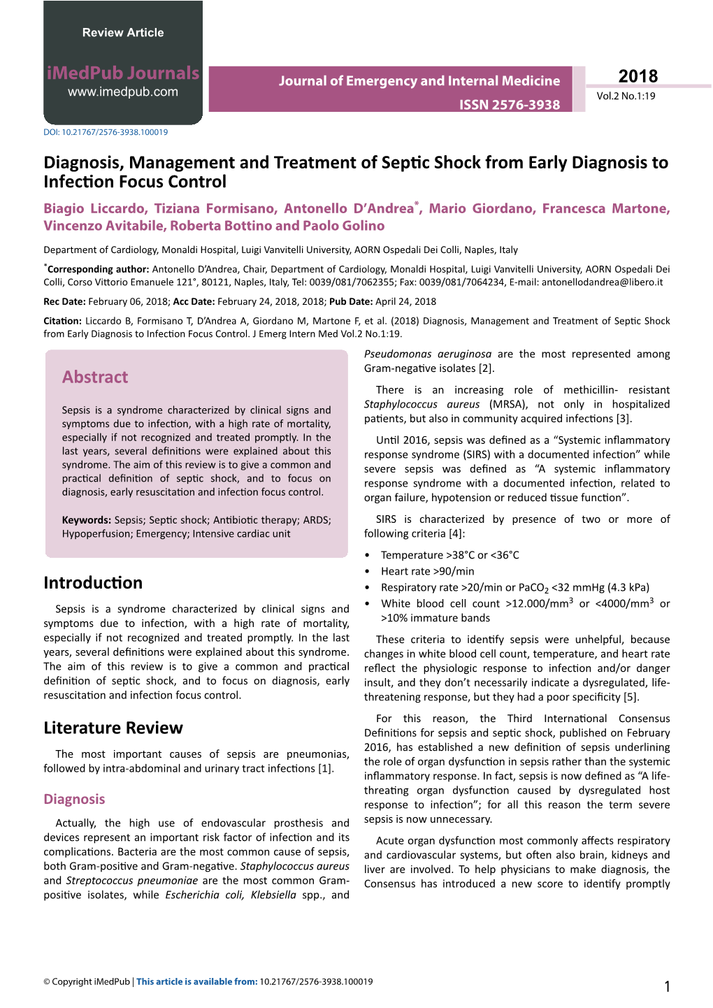 Diagnosis, Management and Treatment of Septic Shock from Early Diagnosis to Infection Focus Control