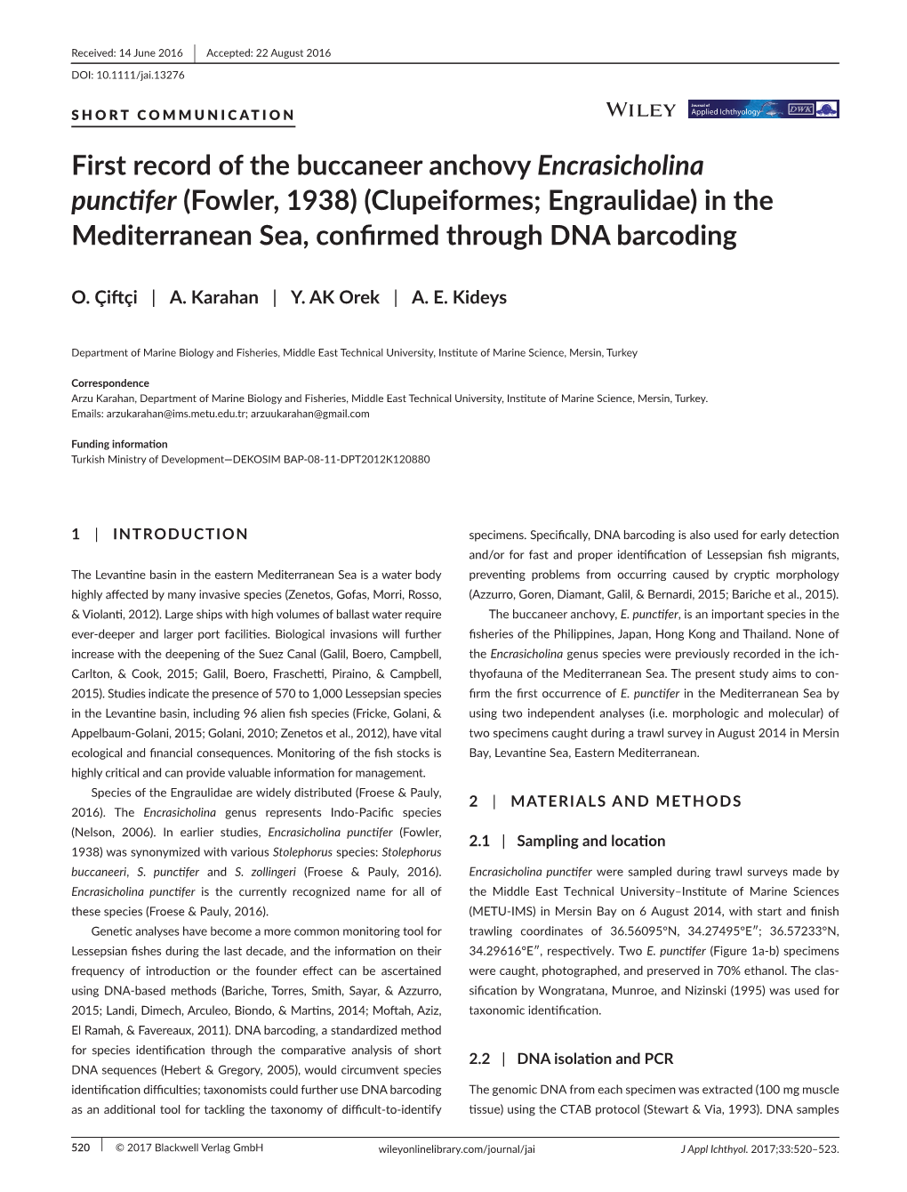 First Record of the Buccaneer Anchovy Encrasicholina Punctifer (Fowler, 1938) (Clupeiformes; Engraulidae) in the Mediterranean Sea, Confirmed Through DNA Barcoding