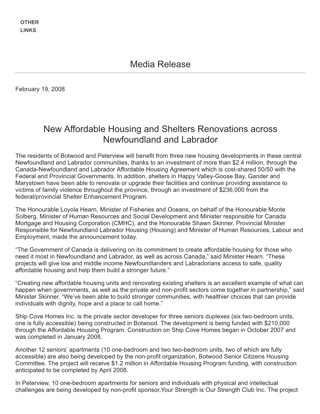 Media Release New Affordable Housing and Shelters Renovations Across Newfoundland and Labrador