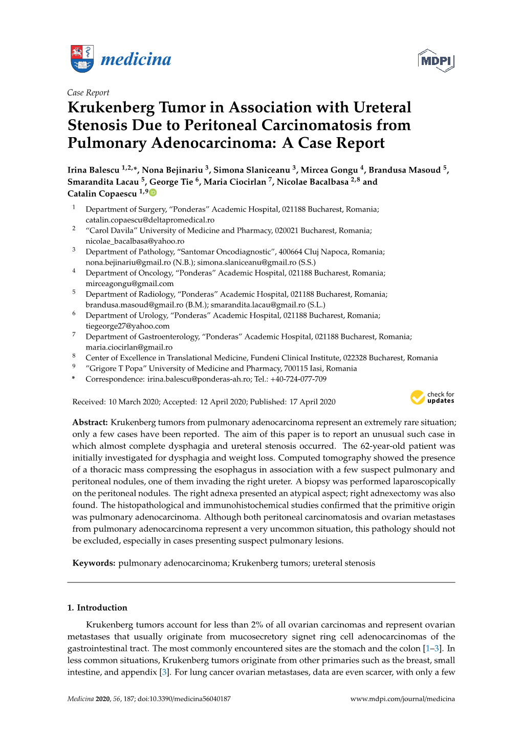 Krukenberg Tumor in Association with Ureteral Stenosis Due to Peritoneal Carcinomatosis from Pulmonary Adenocarcinoma: a Case Report