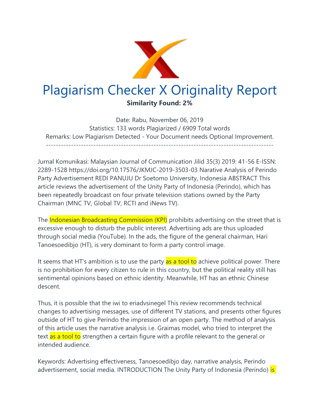 Plagiarism Checker X Originality Report Similarity Found: 2%