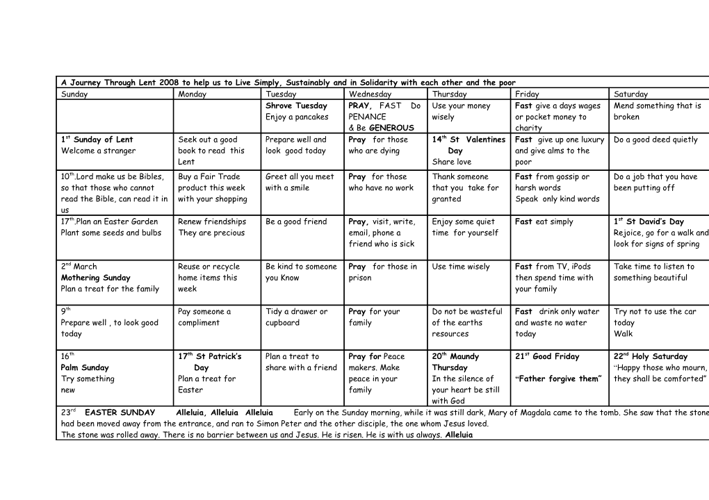 A Journey Through Lent 2008 Help Us To Live Simply, Sustainably And In Solidarity With Each Other And The Poor Parish Prayer Group: Our Lady & St Dominic, Cove