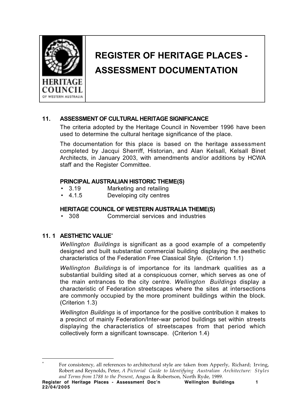 Register of Heritage Places - Assessment Documentation