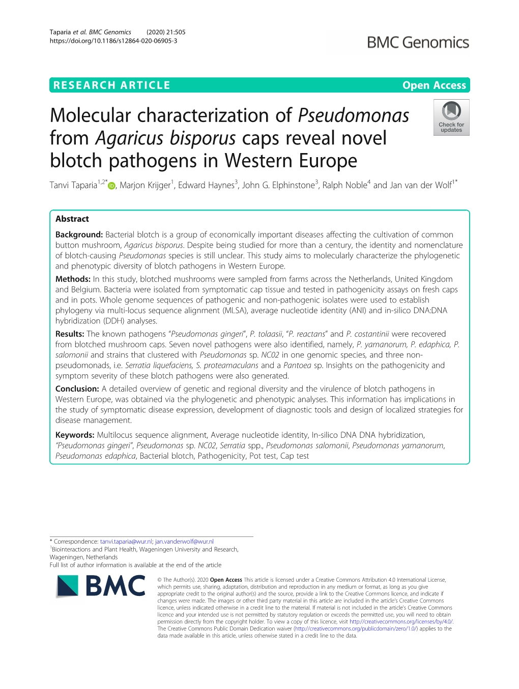 Molecular Characterization of Pseudomonas from Agaricus Bisporus Caps Reveal Novel Blotch Pathogens in Western Europe